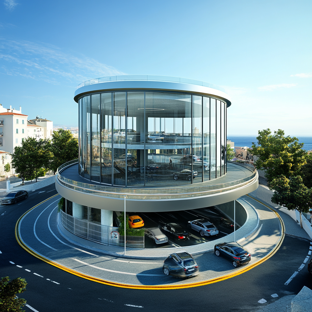 Glass parking house in roundabout in historical city, southern Europe.