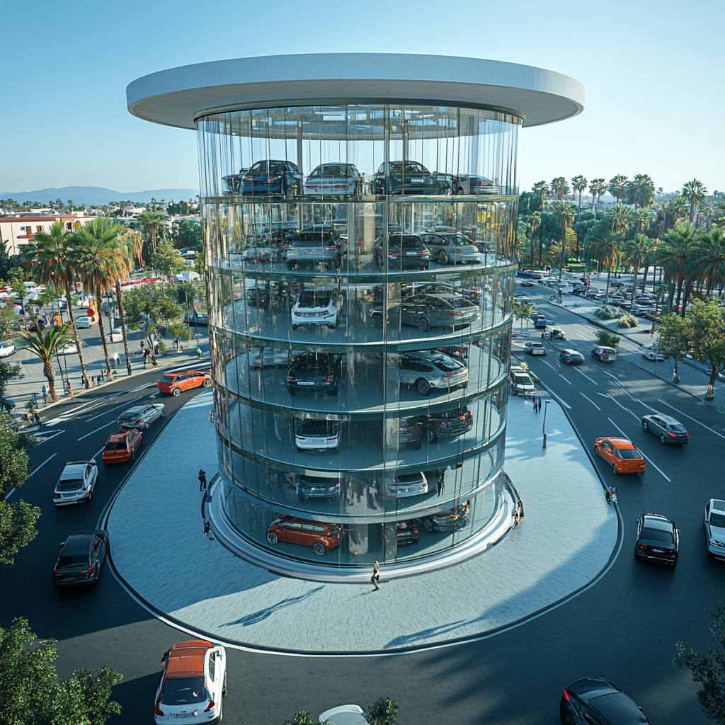 Glass roundabout parking garage in historical city, southern Europe.