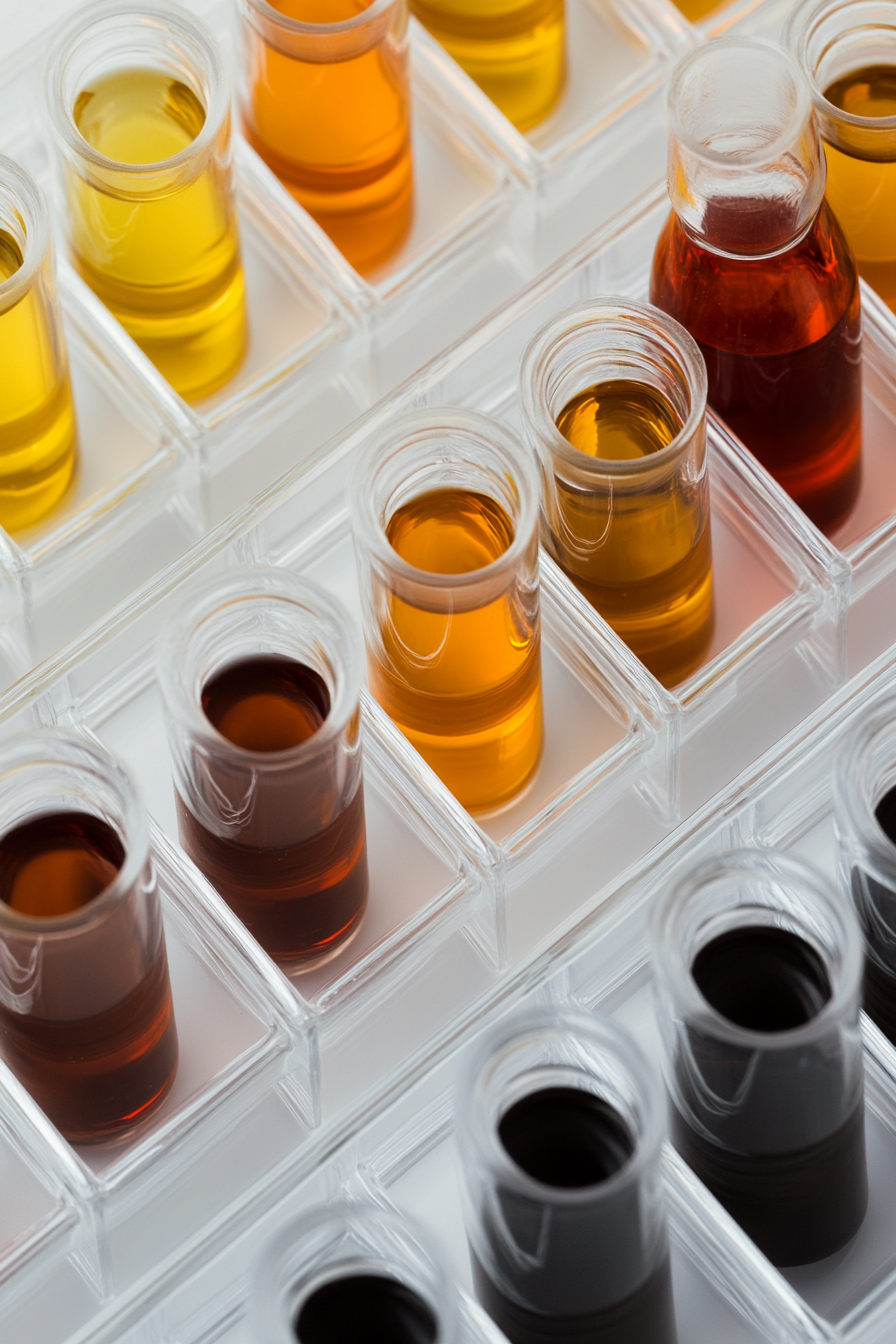 Glass vials with dark liquid and one orange bottle.