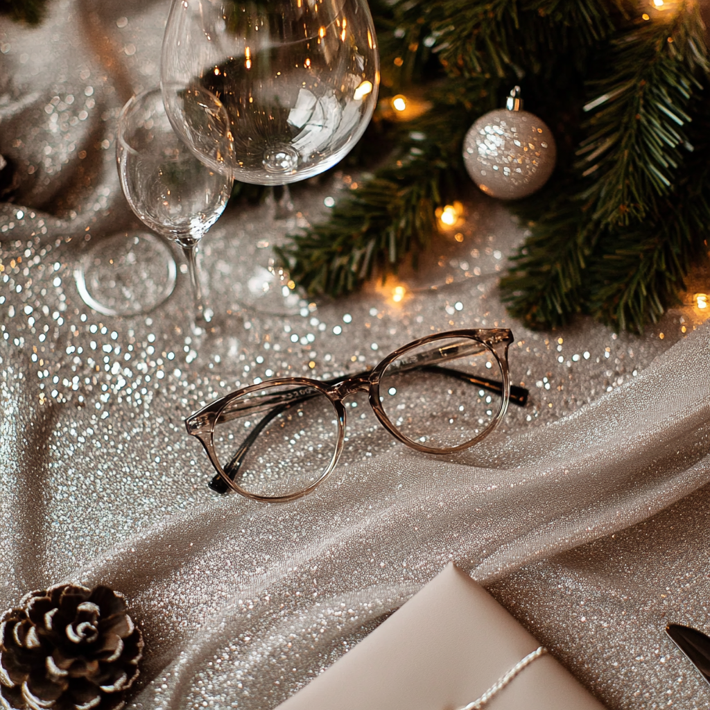 Glasses on silver table with rhinestones, minimal setting