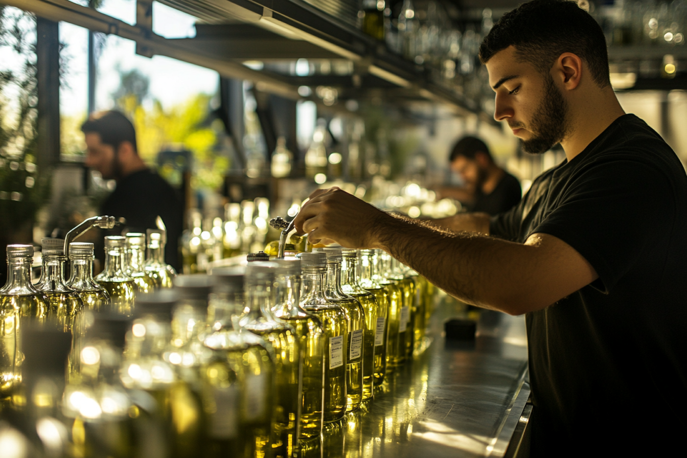 Gleaming olive oil bottling line with male workers