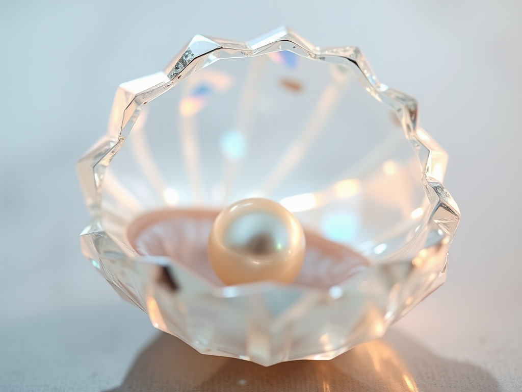 Glimmering pearl in crystal shell, surrounded by ethereal glow.