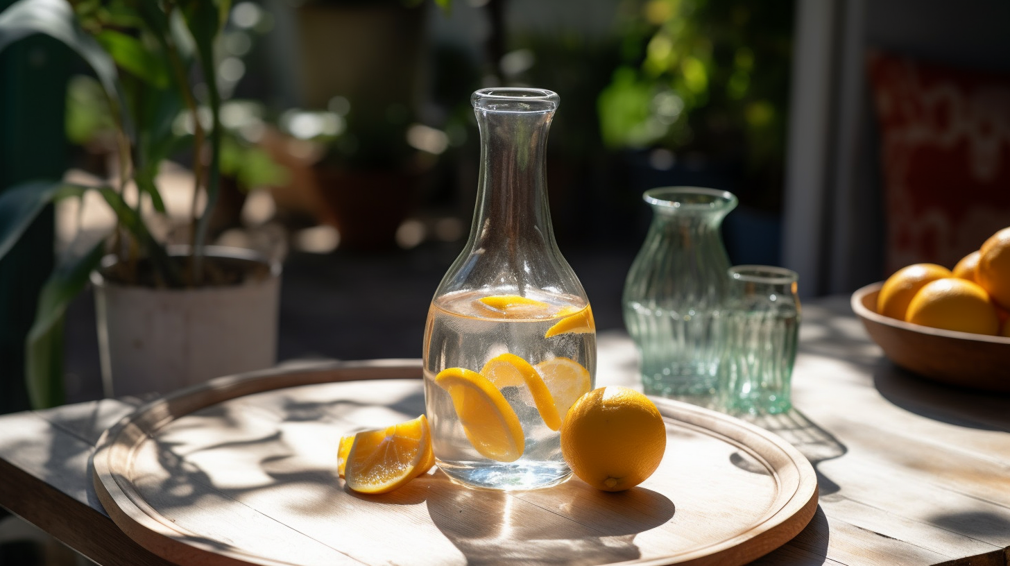 Glistening glass carafe on rustic garden table with fruits.