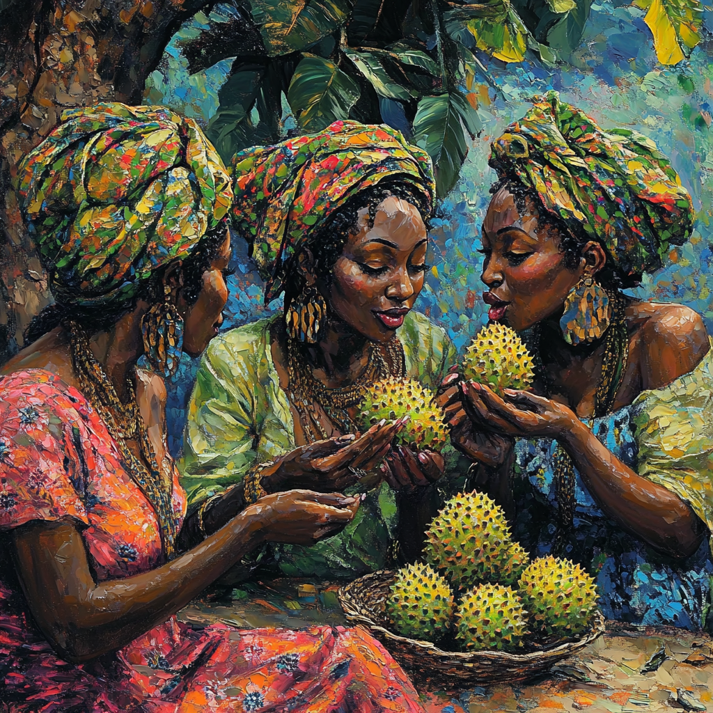 Glistening painting of ancient African women eating soursop fruit.