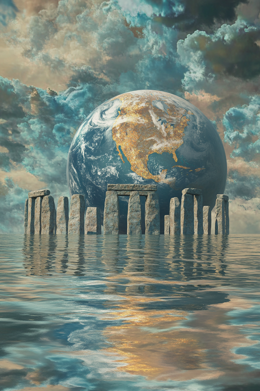 Globe, Stonehenge, blue clouds, gold trim, dreamy atmosphere, water.