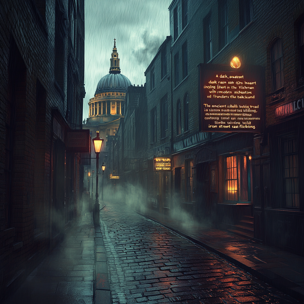 Gloomy London street with eerie symbols and dim lighting.