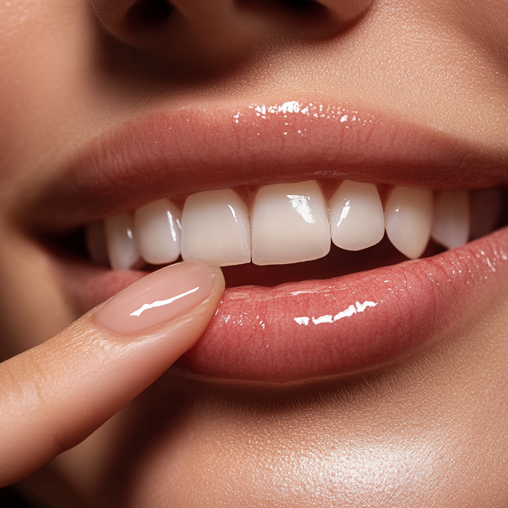 Glossy Lips with White Teeth Close-Up 