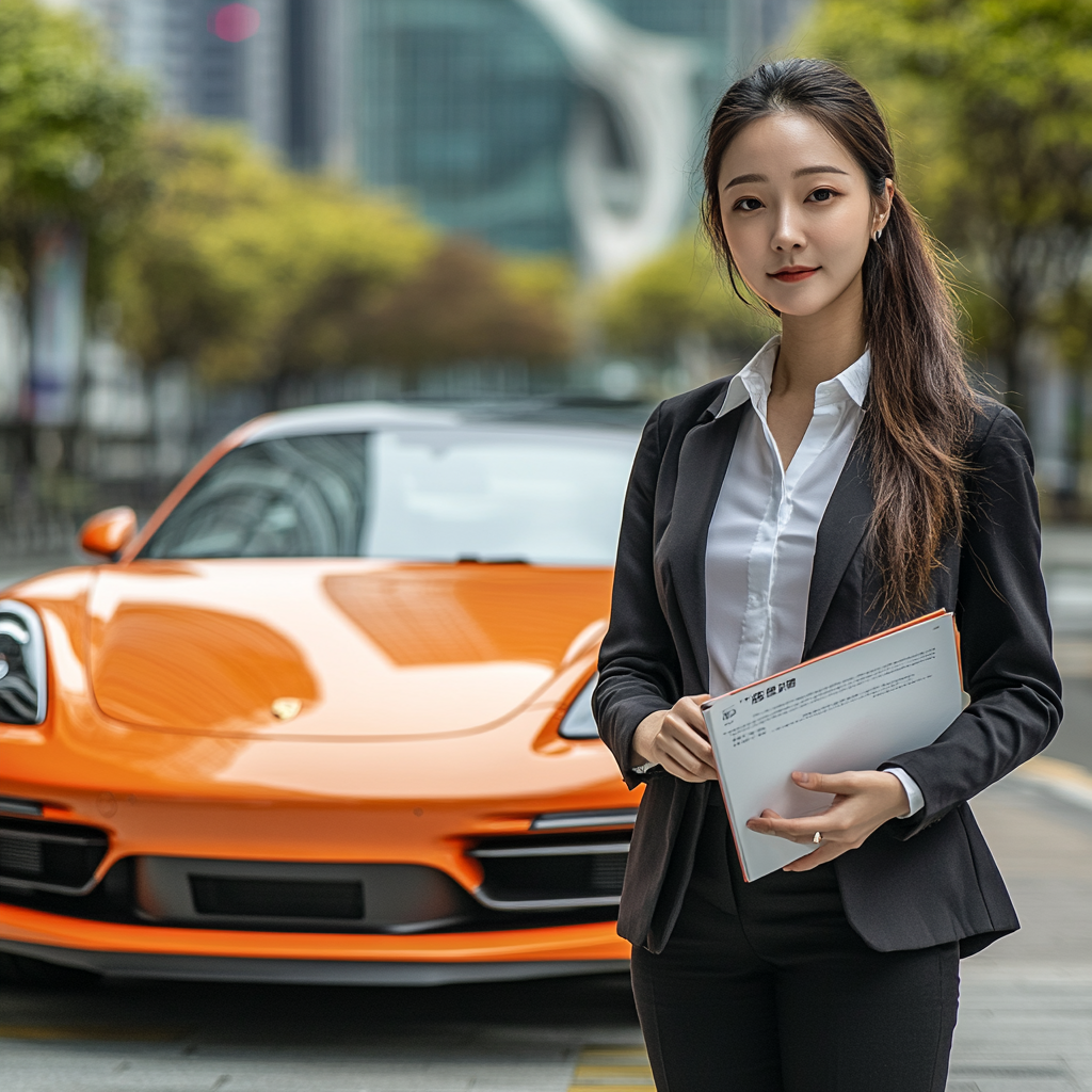 Glossy Supercar in Urban Business District with Salesperson