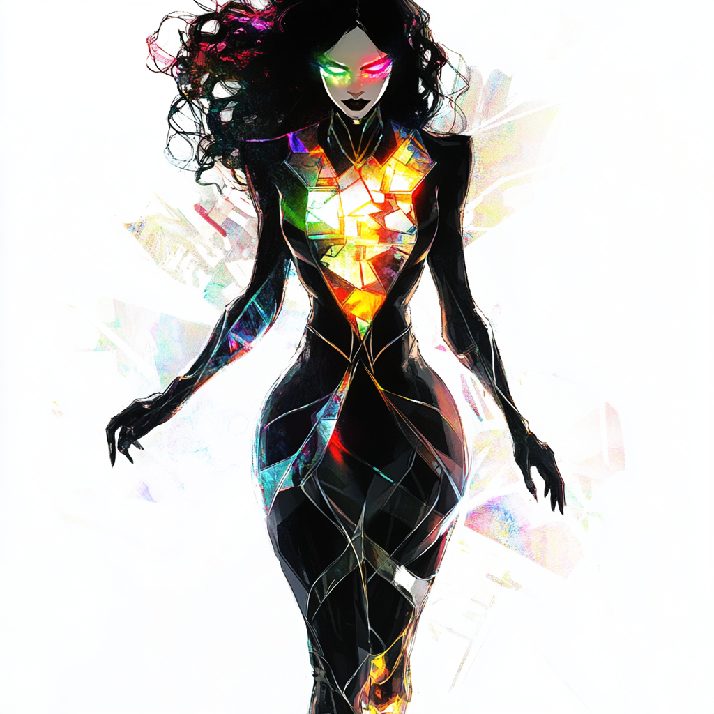 Glowing, colorful evil woman in expensive black suit dress.