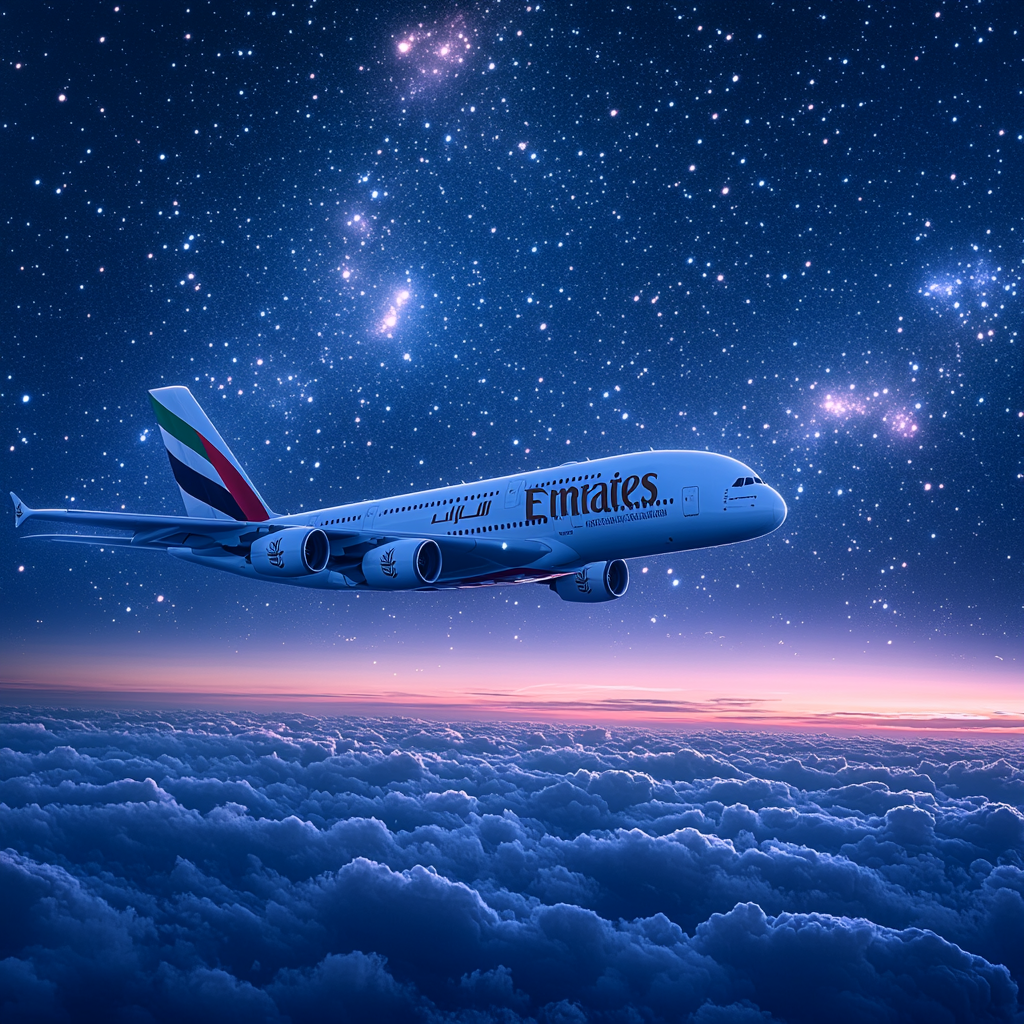 Glowing Emirates Plane Soaring Through Starry Night Sky