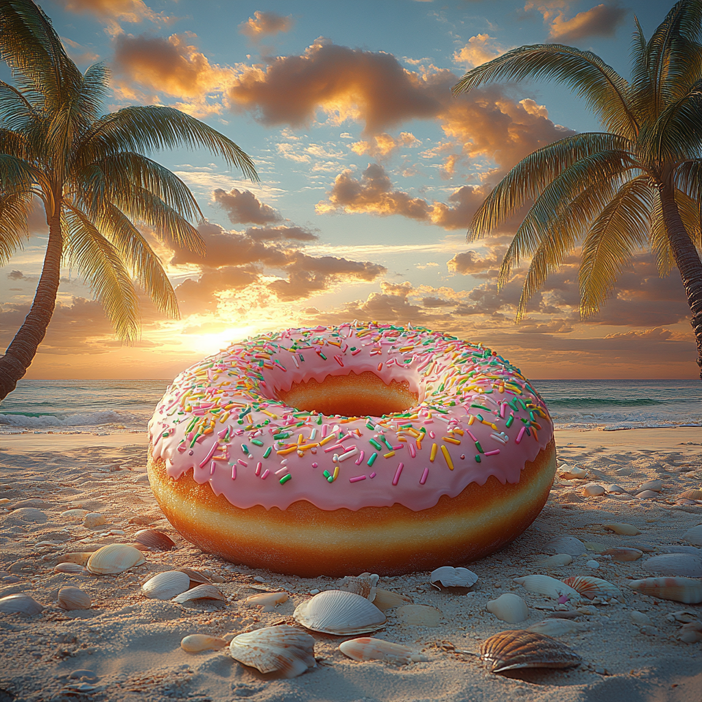 Glowing Jamaican Sunrise with Colorful Donut on Beach