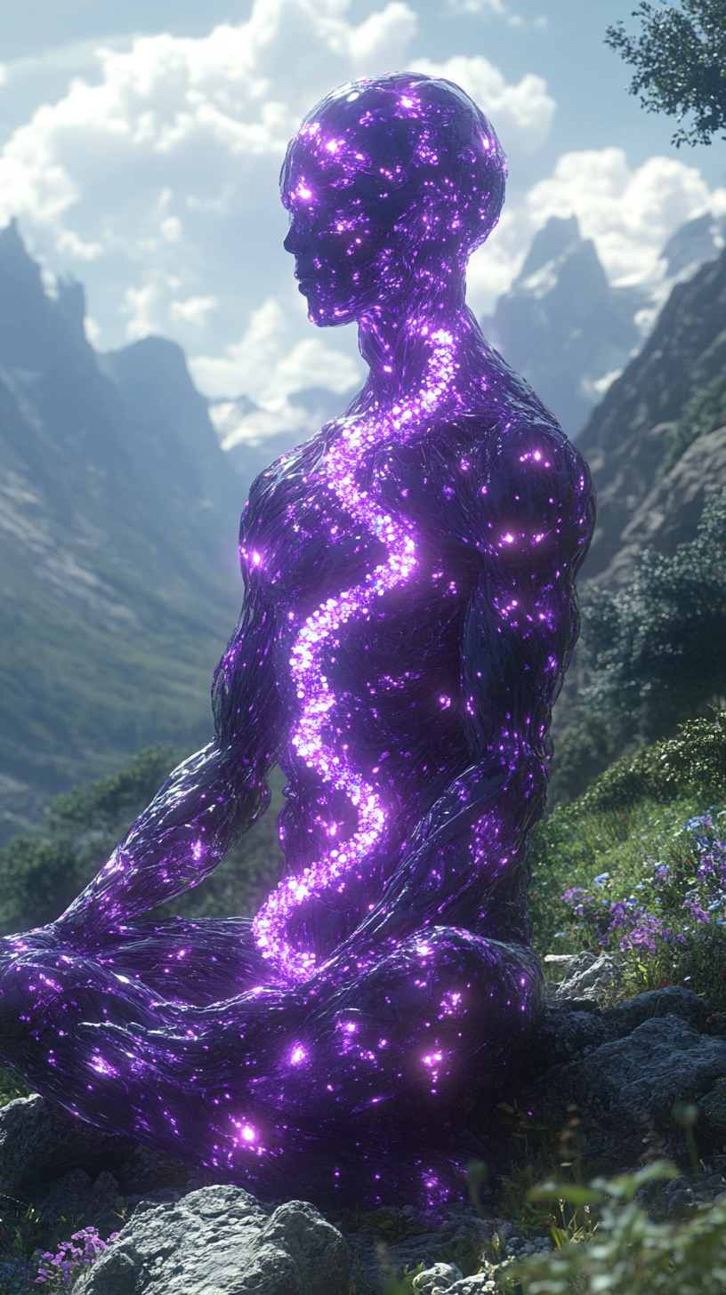 Glowing Purple Being Holds DNA in Mountain Valley