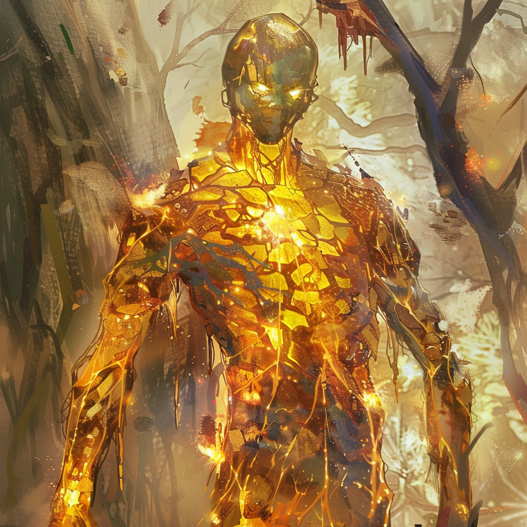 Glowing amber humanoid figure in mystical forest watercolor painting.