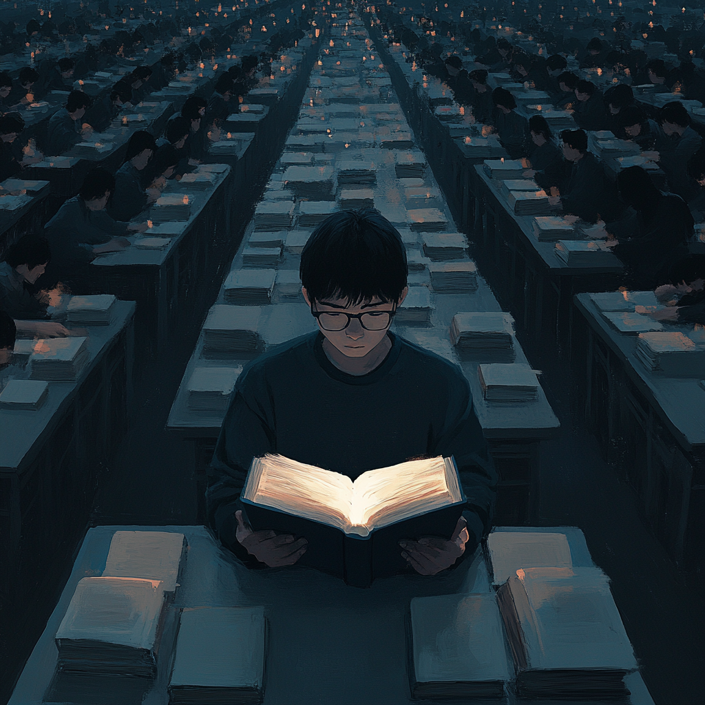 Glowing book shines in dark library, confident student reads.