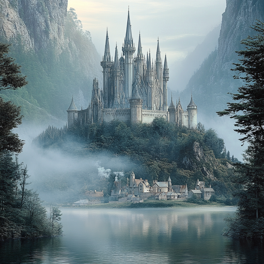 Glowing castle on hill, misty forest, serene lake.