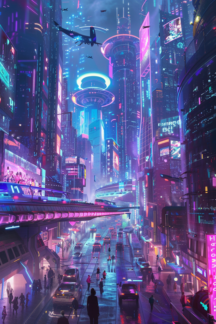 Glowing city with flying cars, holographic ads, metallic skyline.