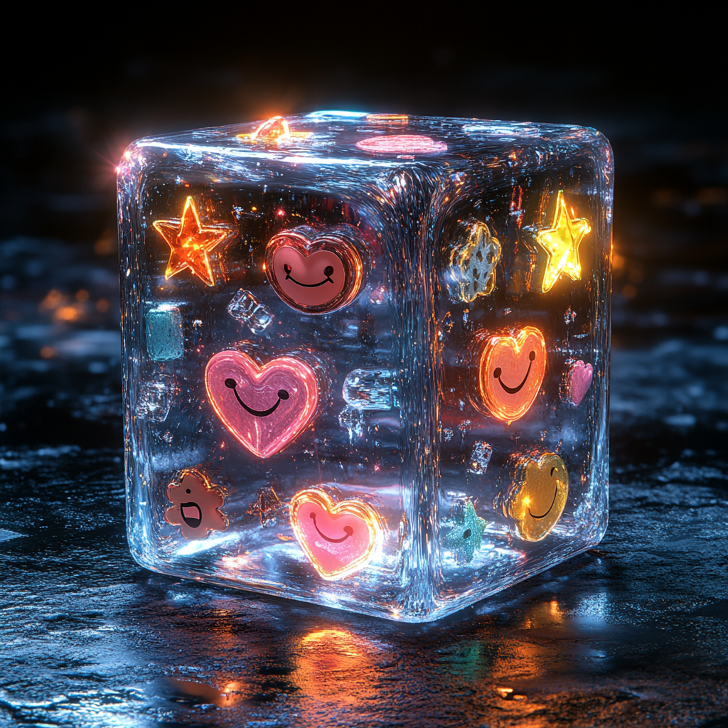 Glowing cube with emojis, radiating positivity