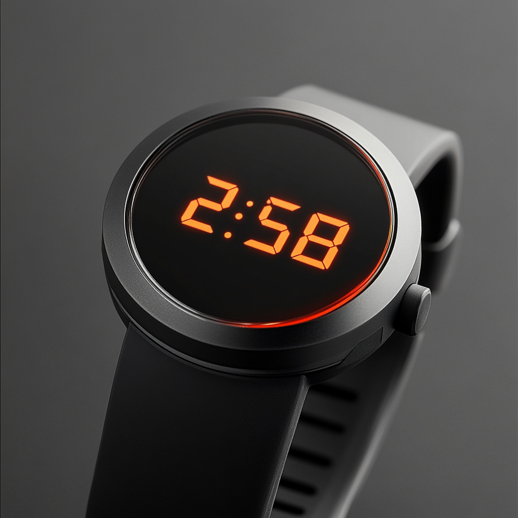 Glowing digital wristwatch with sharp numbers, stylish design.