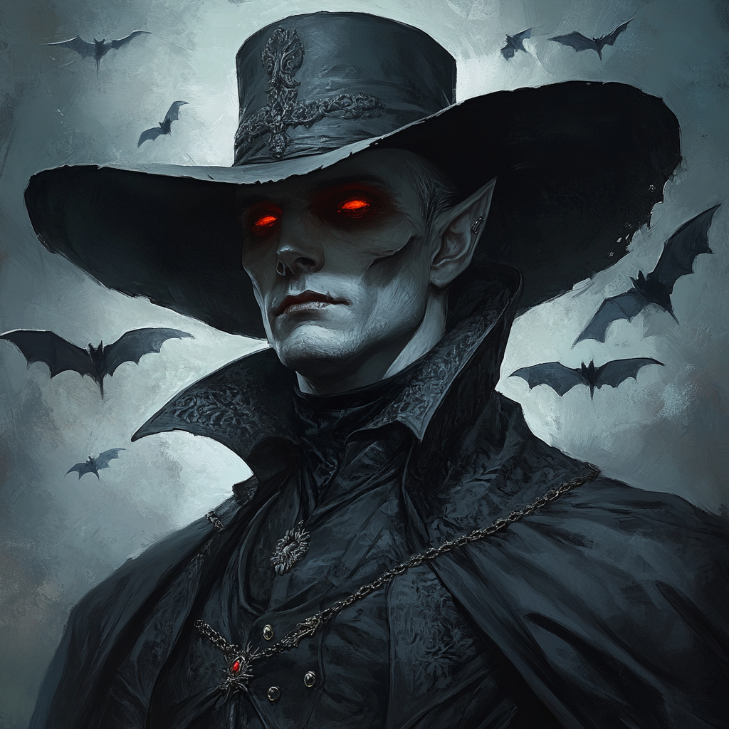 Glowing-eyed vampire with bats wearing lordly attire.