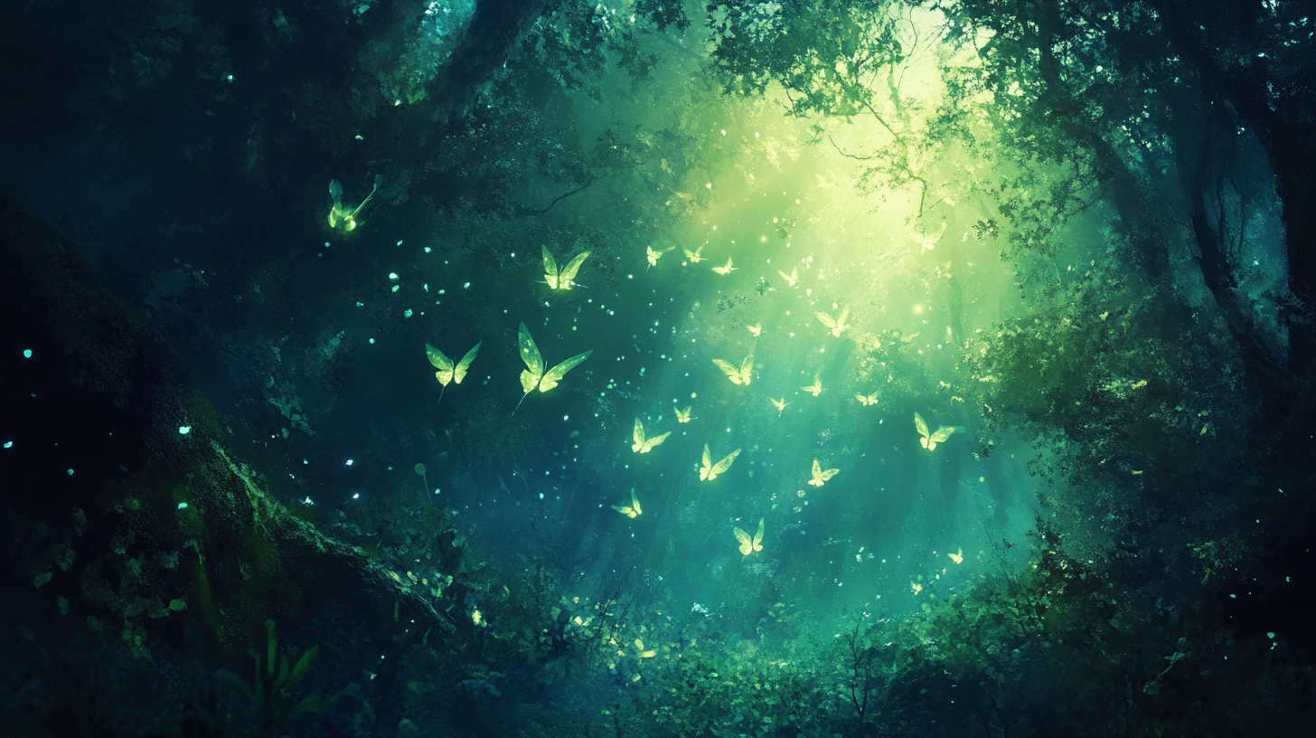 Glowing faerie insects flying through magical forest in light.