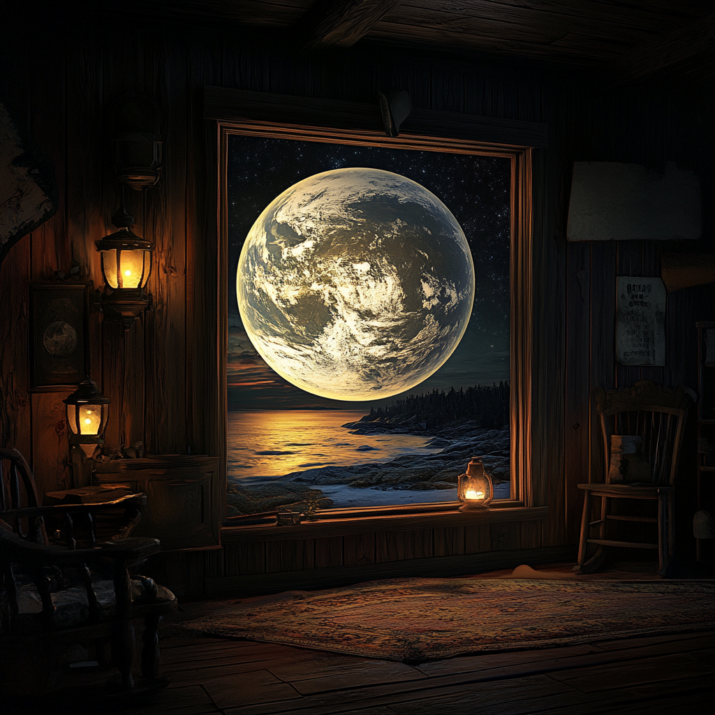 Glowing gaslight movie set with cozy seaside view.