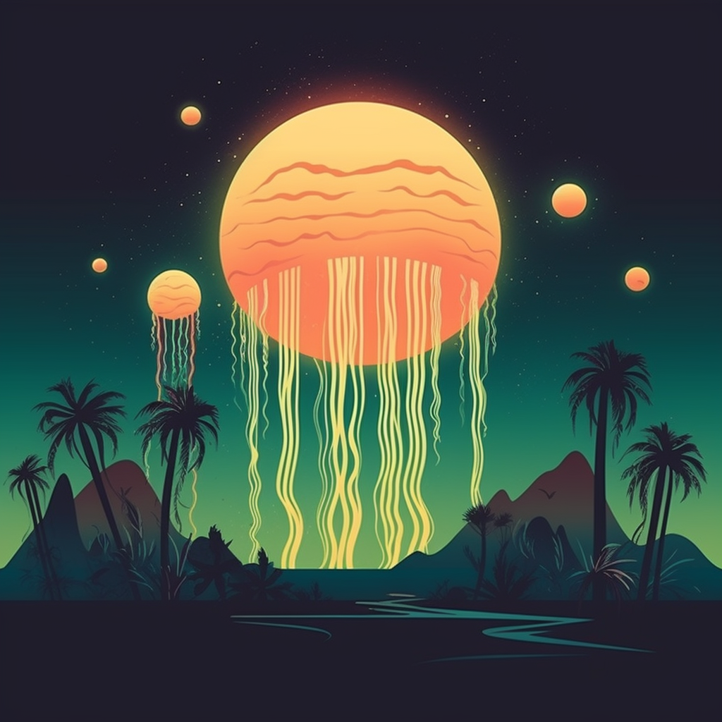 Glowing jellyfish light above African landscape