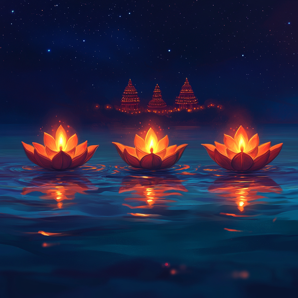 Glowing lotus diyas on serene night water scene