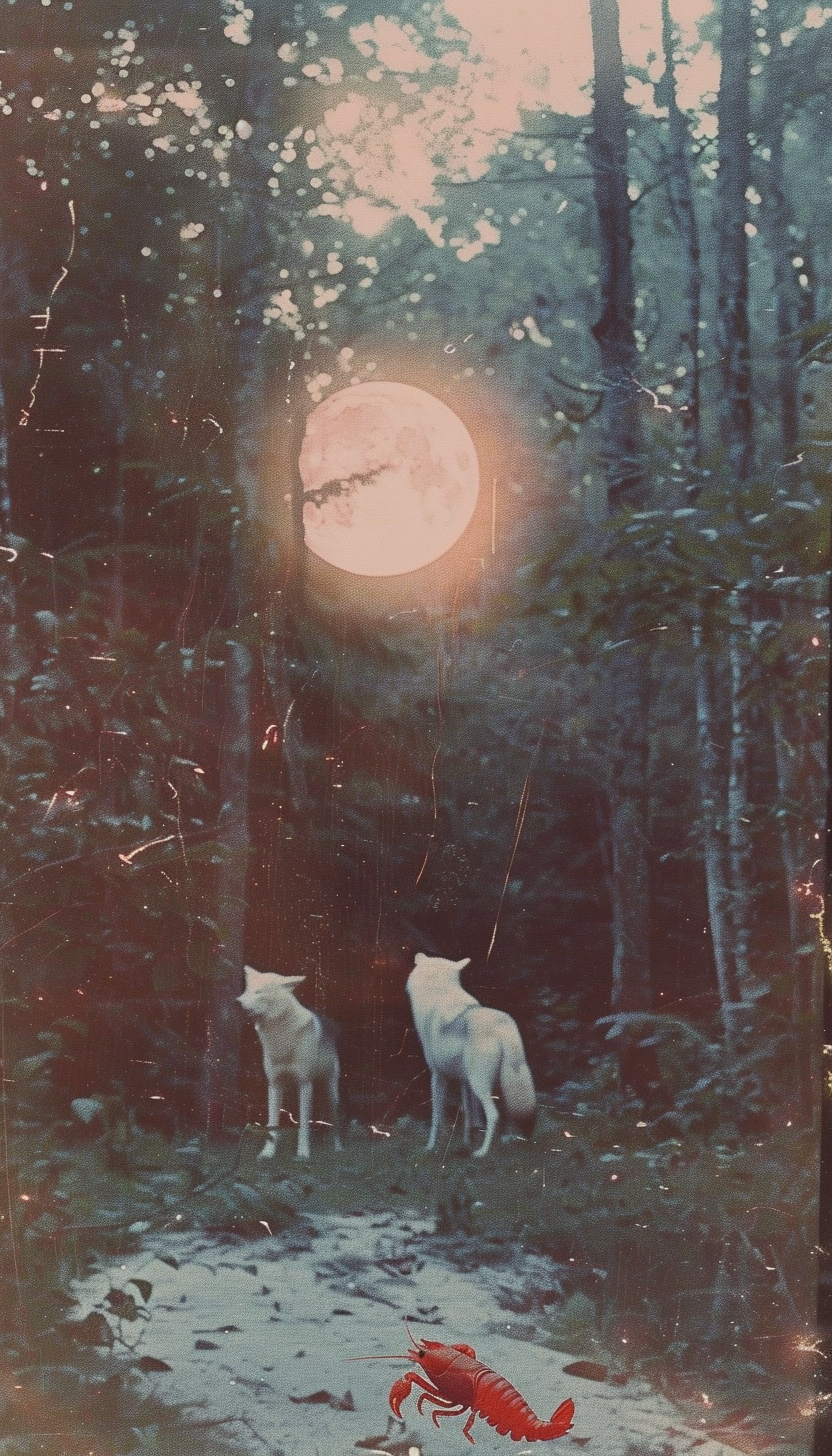 Glowing moon in forest with wolves howling, red crayfish.