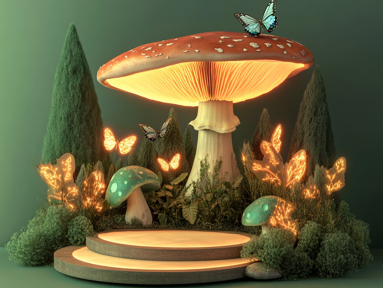 Glowing plants, butterflies on mushroom in forest, dreamlike setting.