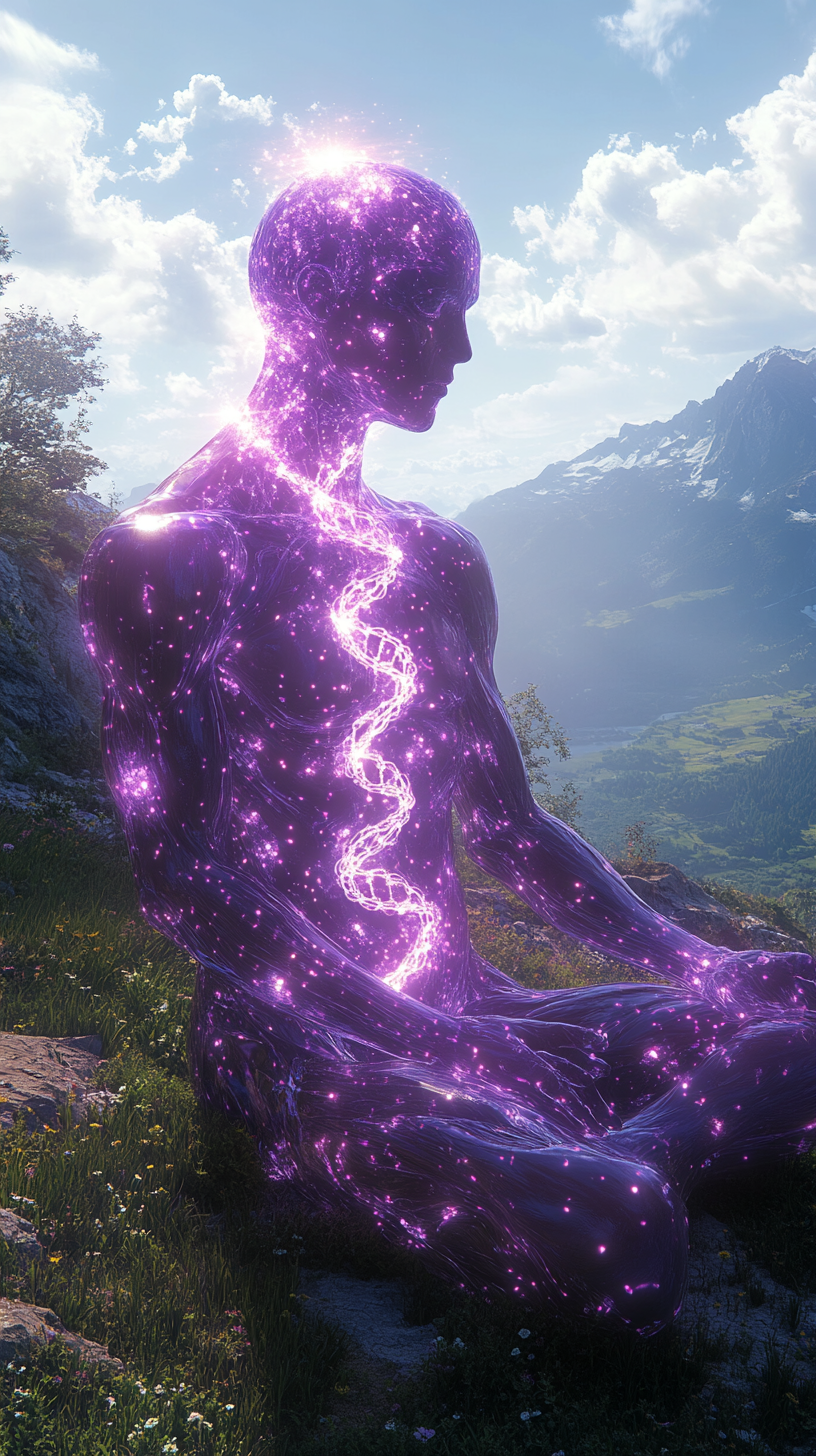 Glowing purple figure meditating in cosmic mountain valley.