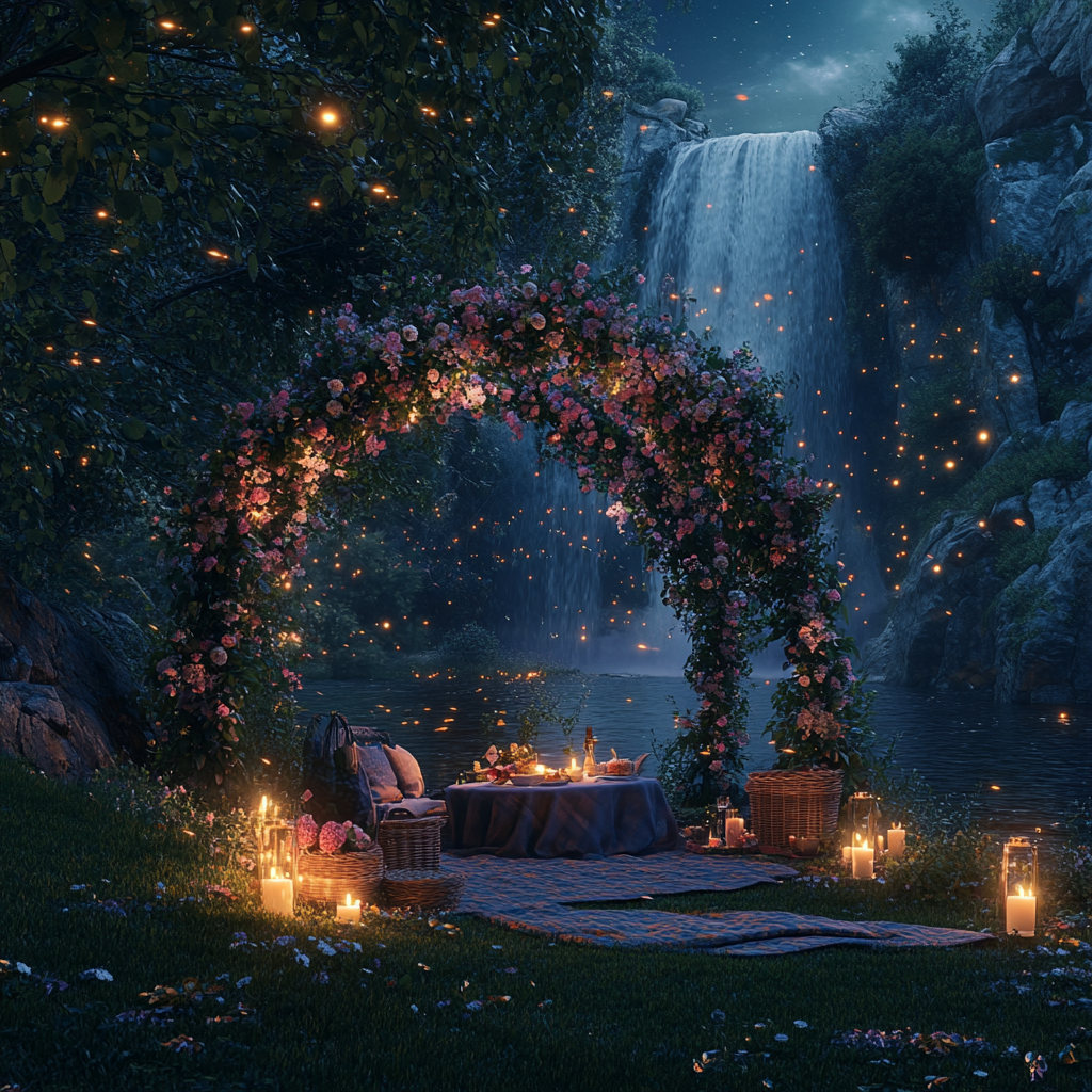 Glowing river with waterfall, flower arch picnic, fireflies