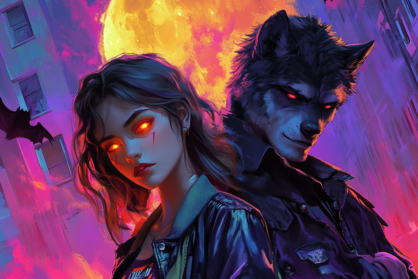 Glowing vampire girl and rugged werewolf boy under moon.