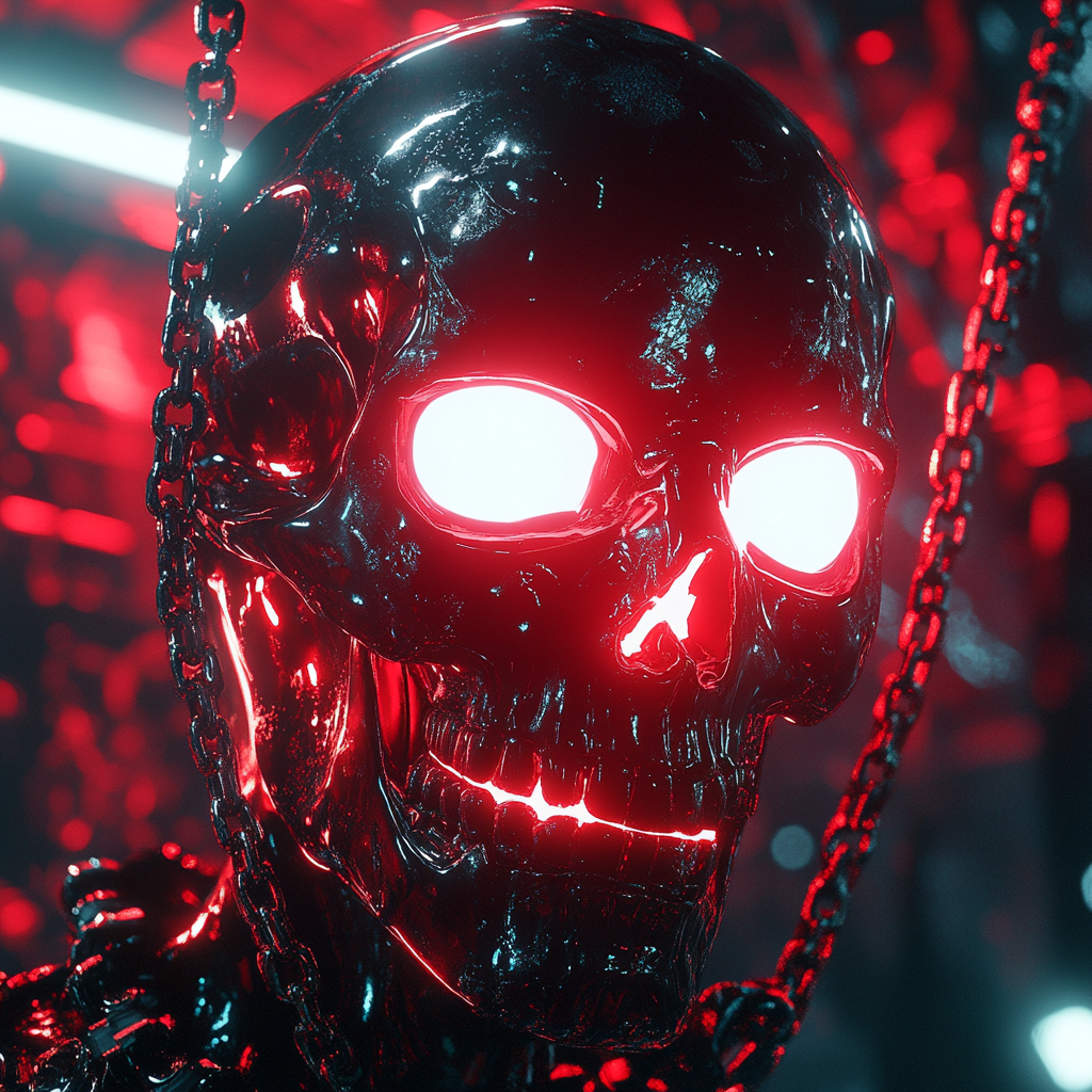 Glowing white-eyed glass skull in cyberpunk anime style.