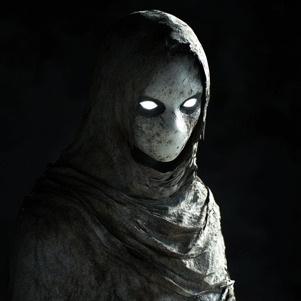 Glowing white eyes peer from eerie hooded figure