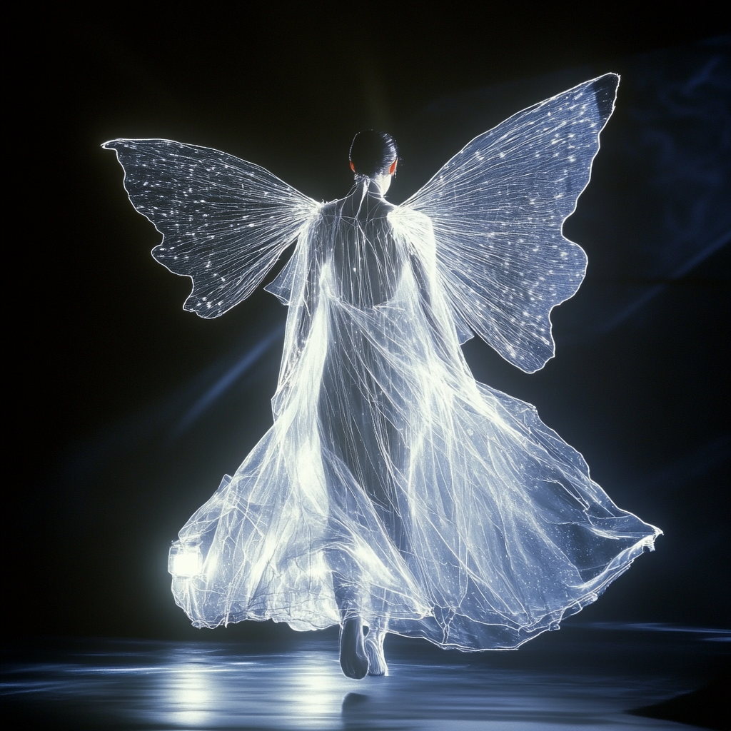 Glowing winged model in dreamlike runway isolation