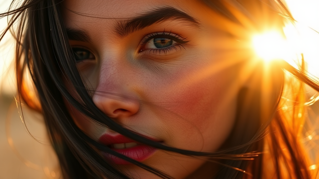 Glowing woman's sunlit face with rosy cheeks.