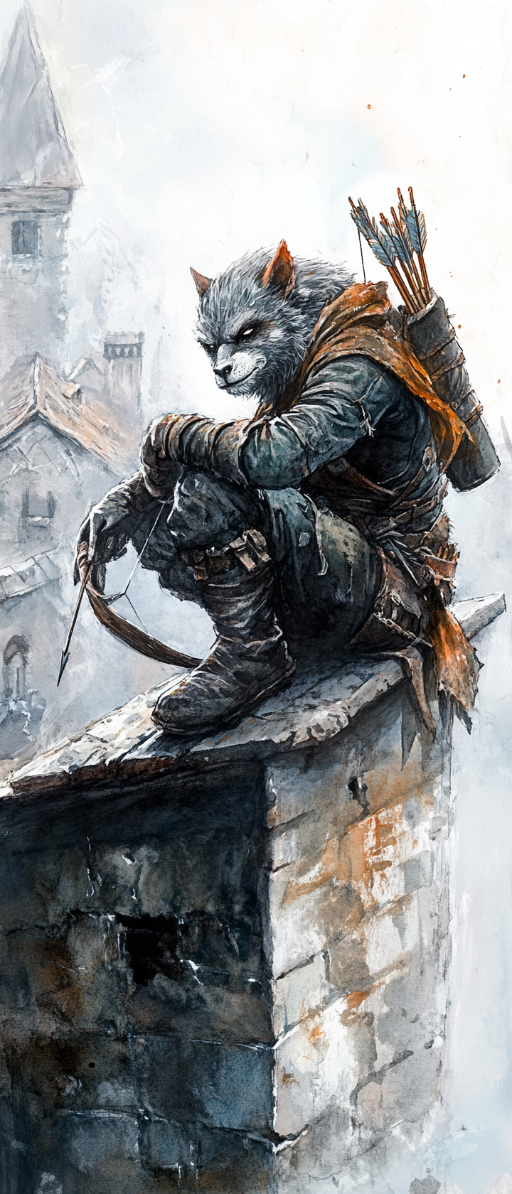 Gnoll ranger with bow watches eerie medieval city.