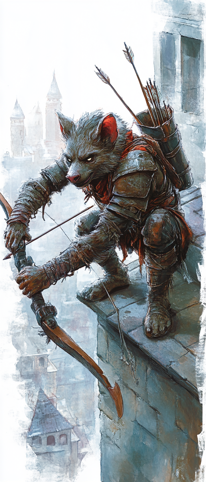 Gnoll ranger with hyena features watches city, eerie mood.