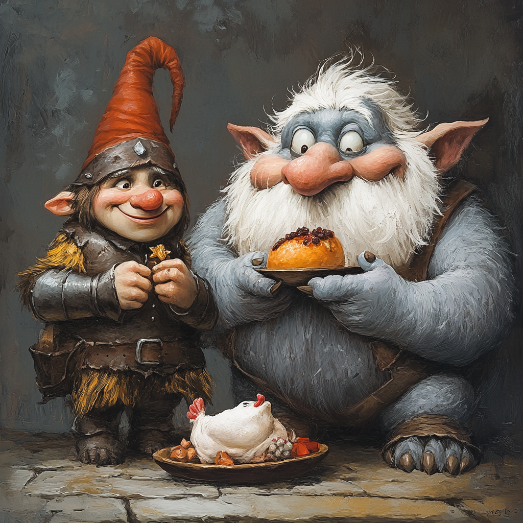 Gnome in Leather Armor & Sheriff Ogre Eating Chicken 