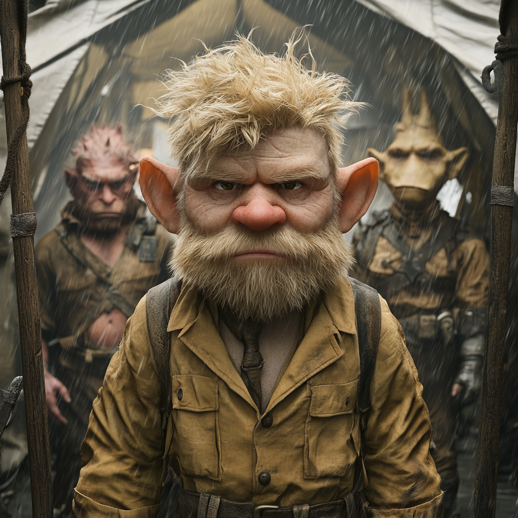 Gnome in coveralls in tent with fantasy soldiers outside.