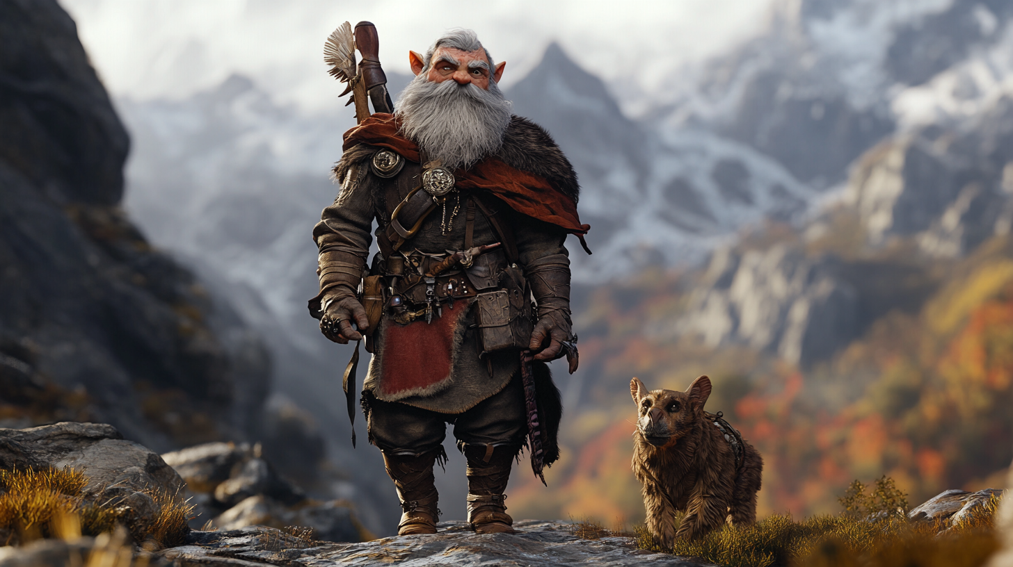 Gnome ranger with animal companion in dark fantasy mountains.