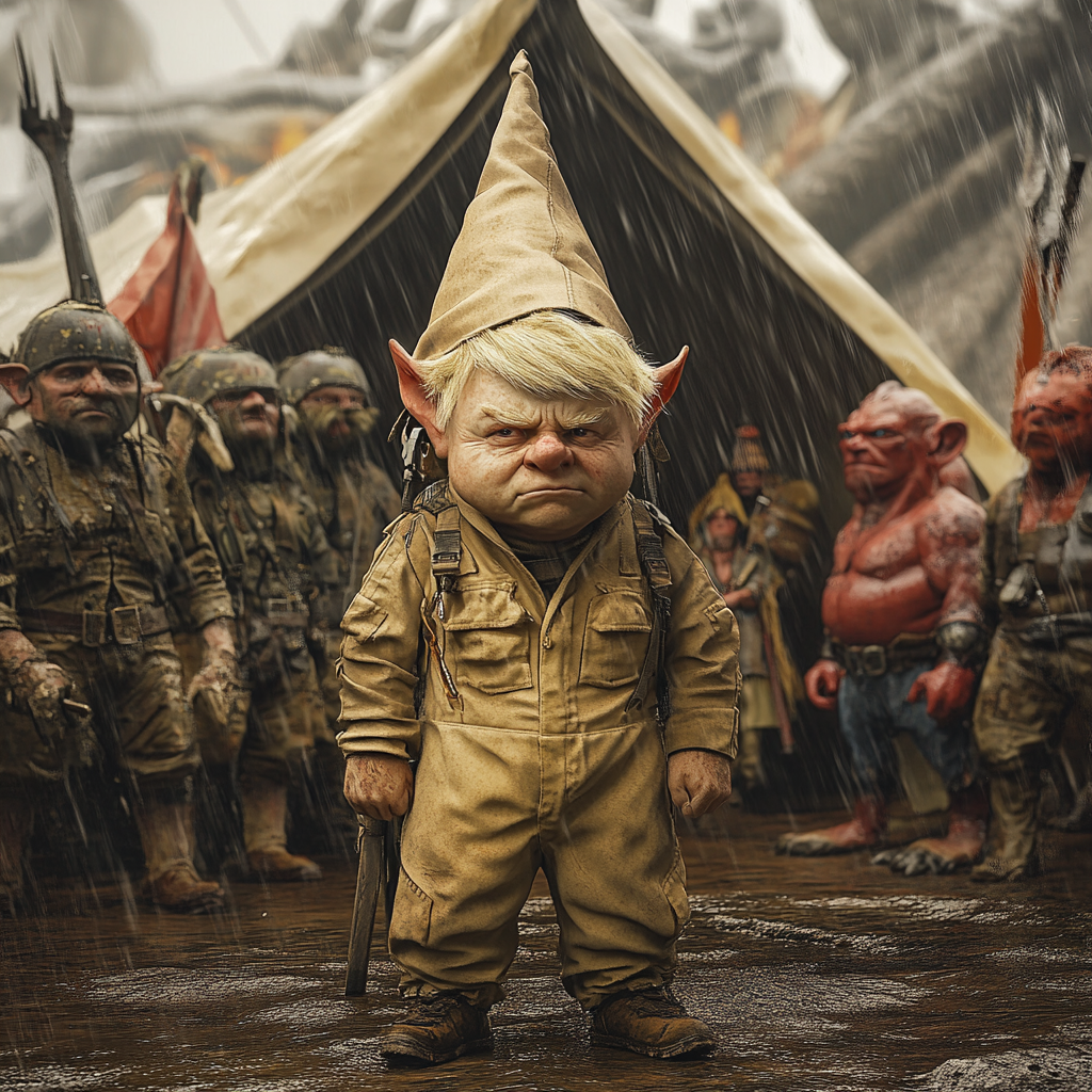 Gnome with blond hair in tent with soldiers in rain.