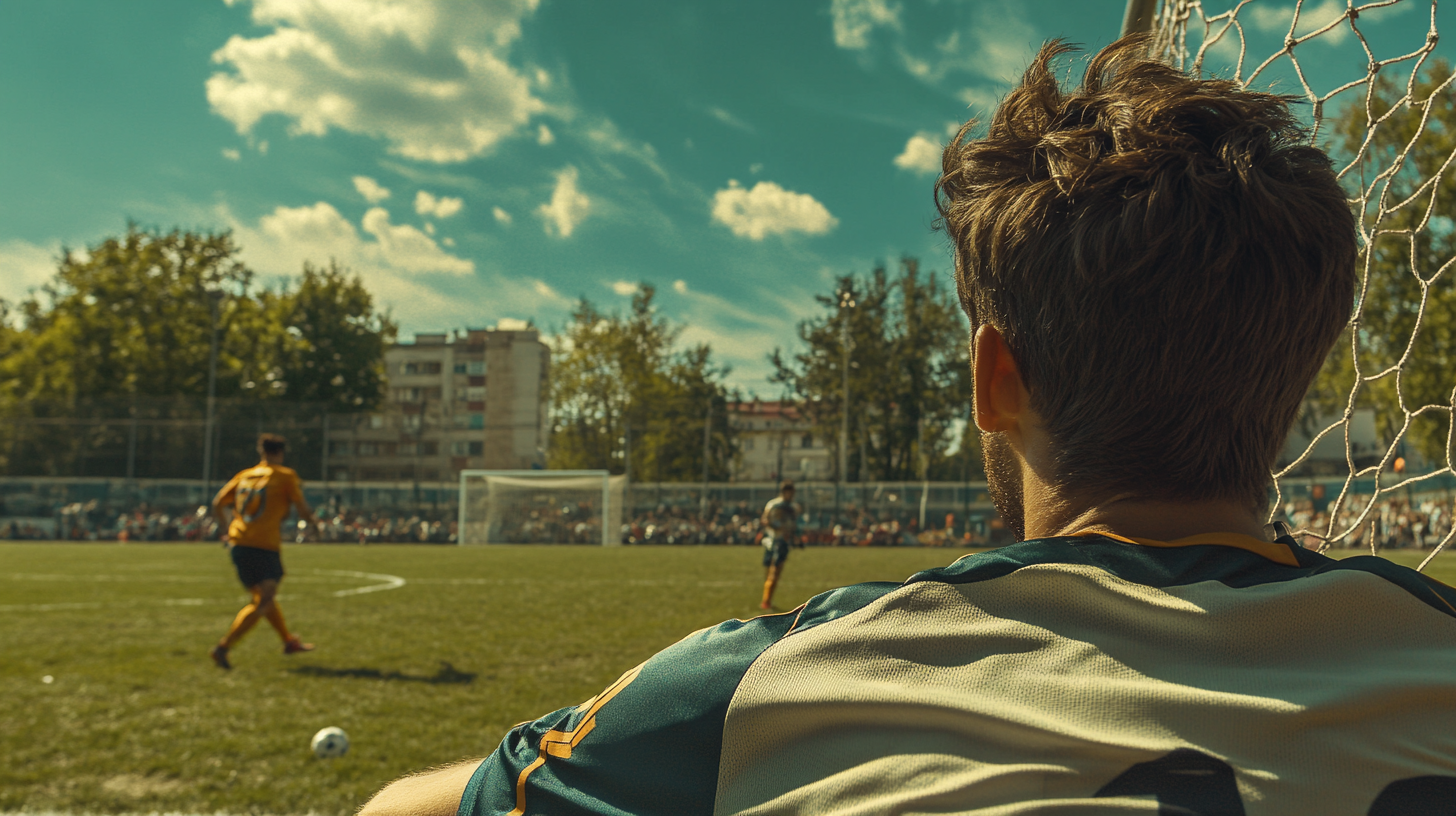 Goalie in position, game in background, dramatic setting.