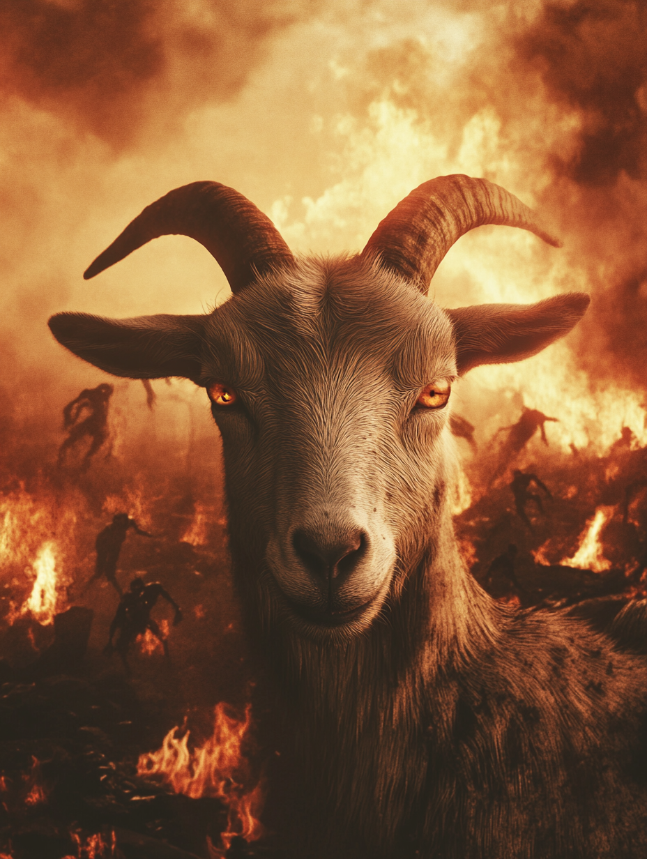 Goat facing apocalyptic demons in cinematic high resolution.