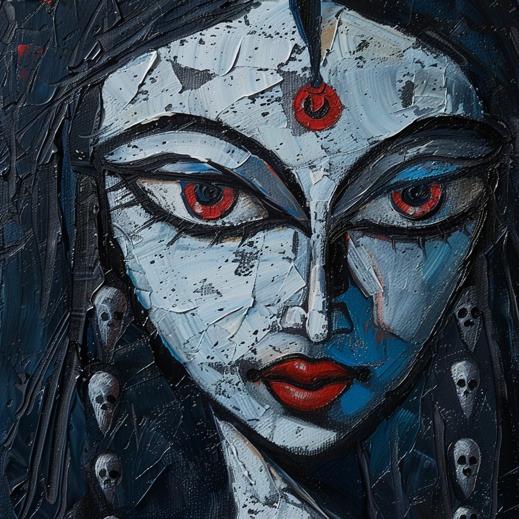 Goddess Kali in Picasso-style cubism, smiling with pride.