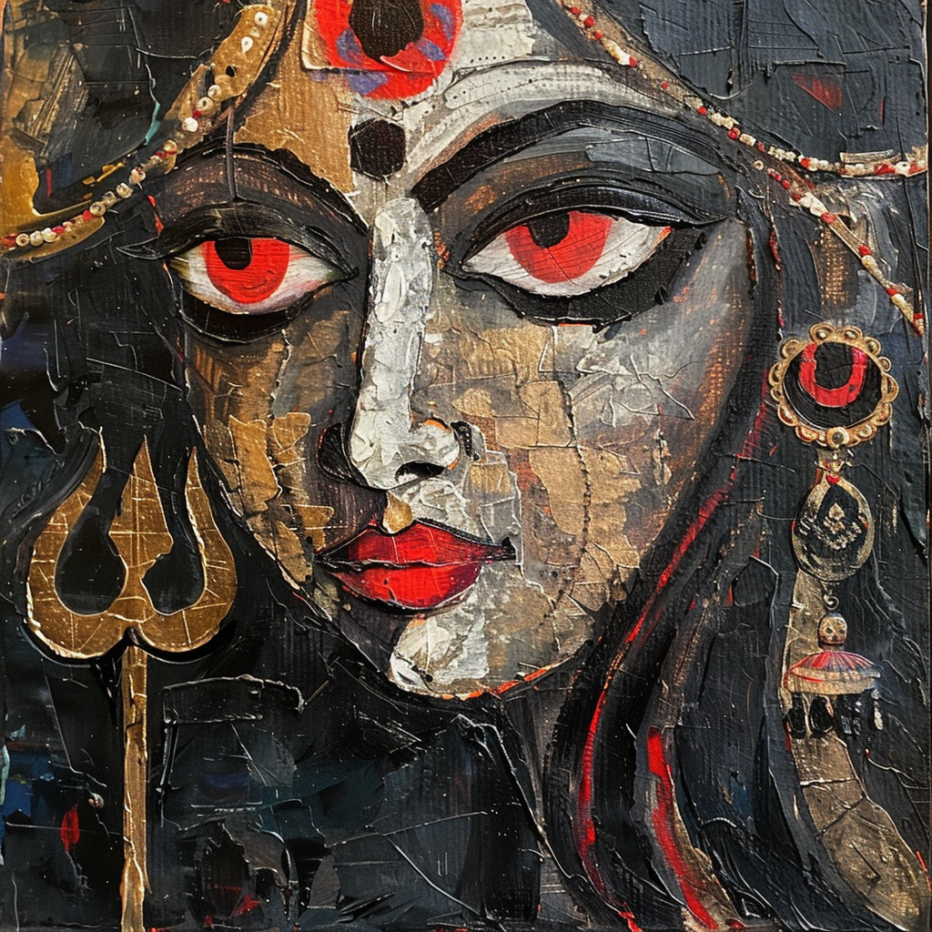 Goddess Kali in Picasso style cubism painting smiling proud.