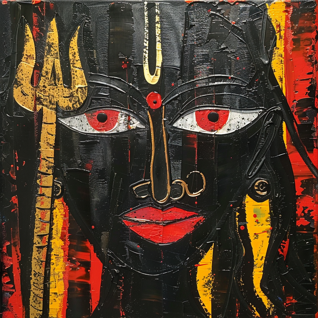 Goddess Kali in bold, colorful cubism painting style.