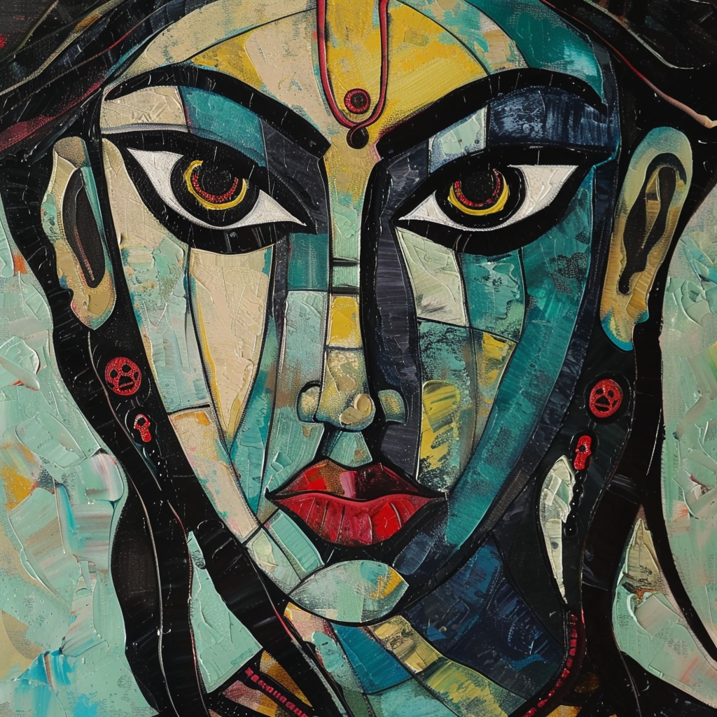 Goddess Kali painting with flowing hair and bindi.