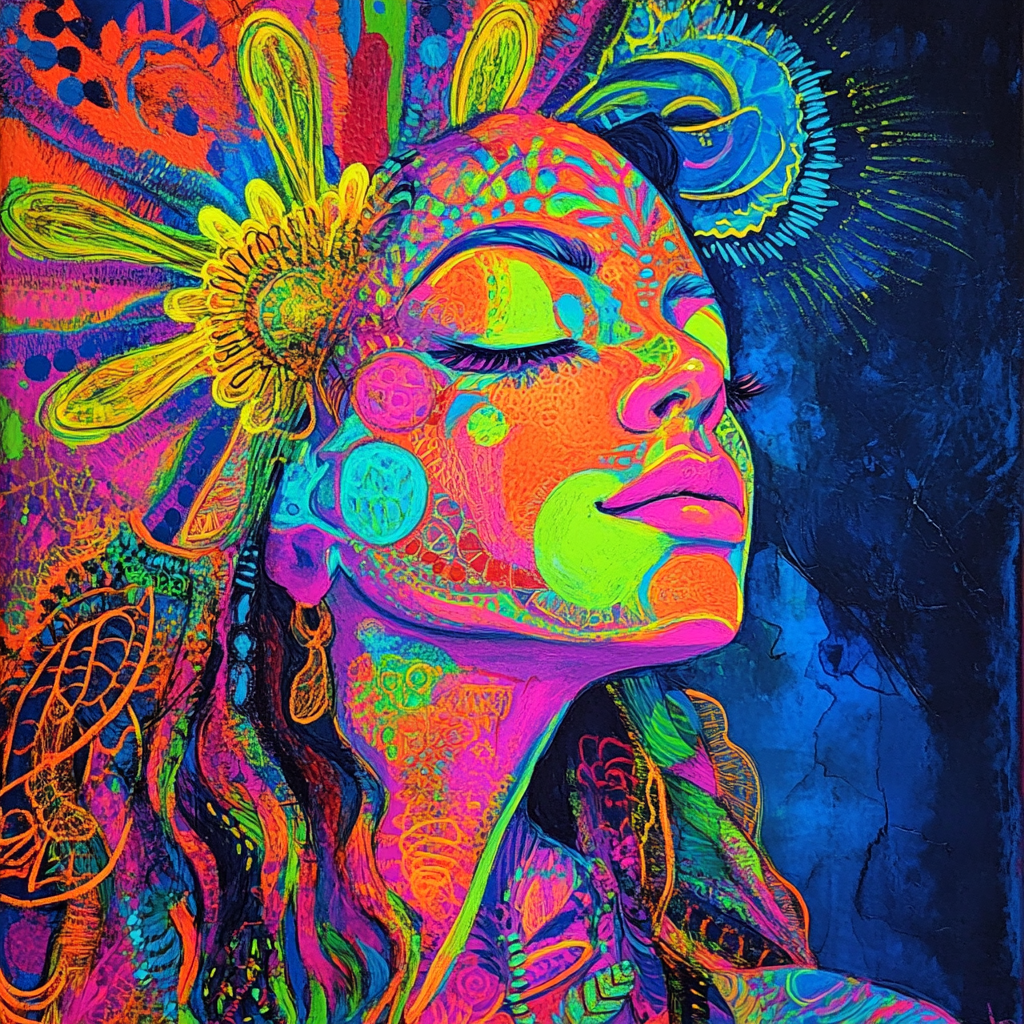 Goddess on acid trip in vibrant neon colors