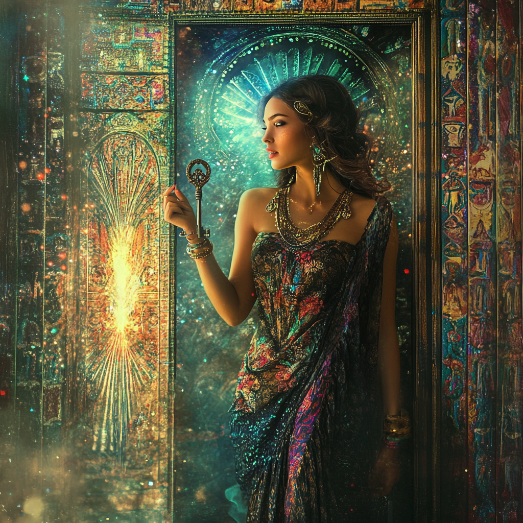 Goddess with key tempting with door to 5th dimension